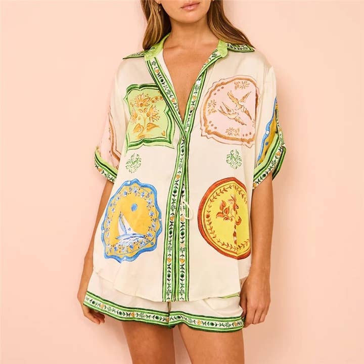 Apricot Loose Printed Short Sleeve Shirt And Shorts Set for wholesale on Faire