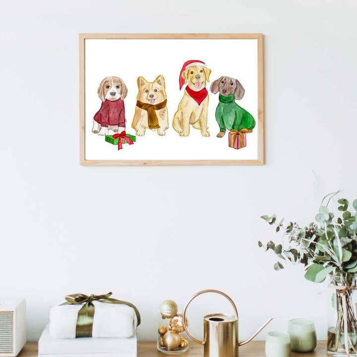 Holiday Dog Art Print Watercolor Christmas Puppies for wholesale by Kubytovych Studio