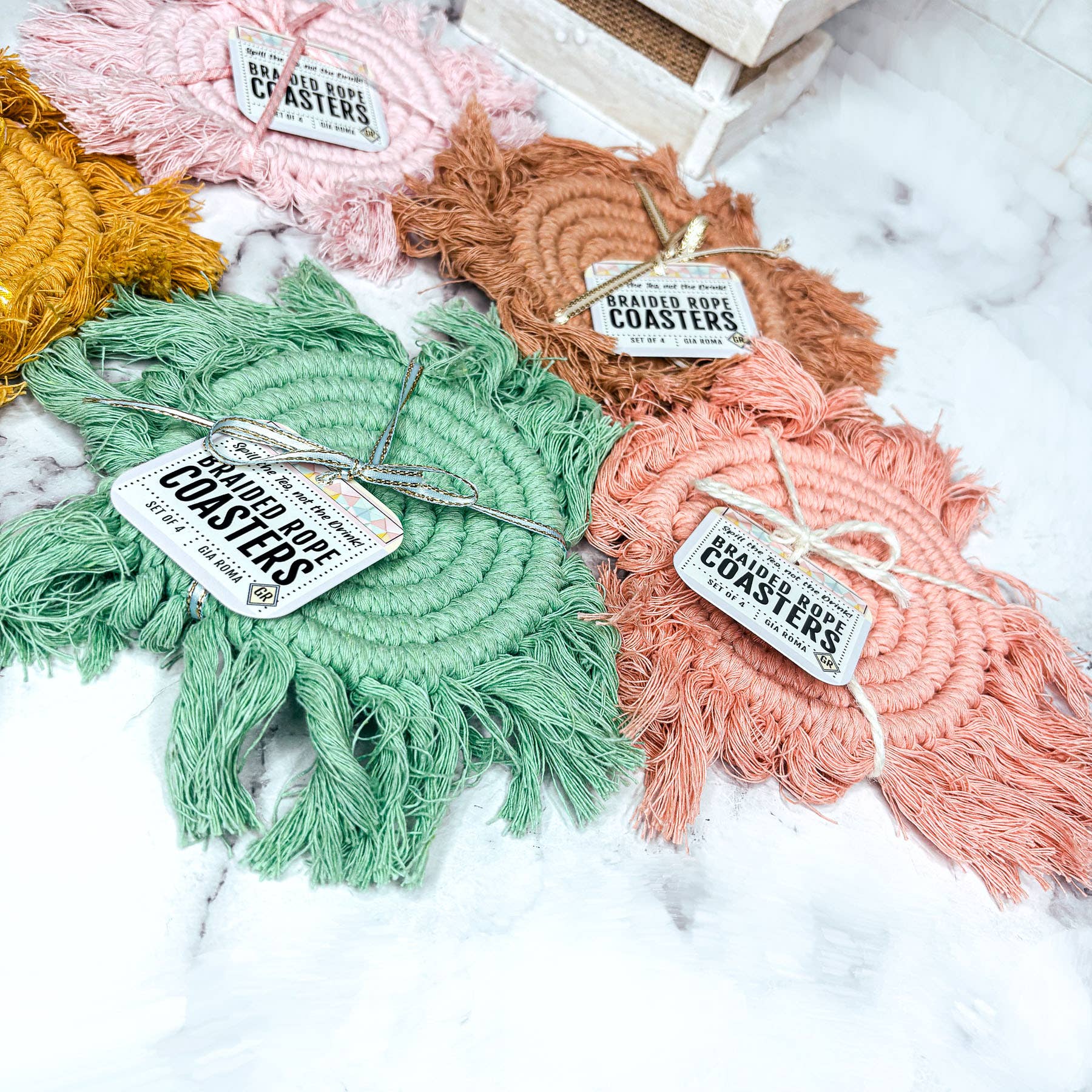 Gia Roma – Objeto de mesa decorativo por atacado – Porta-copos de algodão com tassel em tons pastéis, decoração de mesa para primavera e Páscoa28