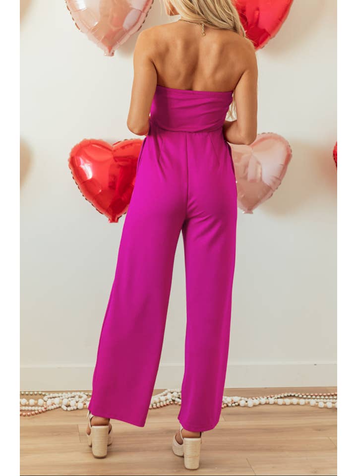 Bright Pink Bow Strapless Wide Leg Jumpsuit for wholesale on Faire