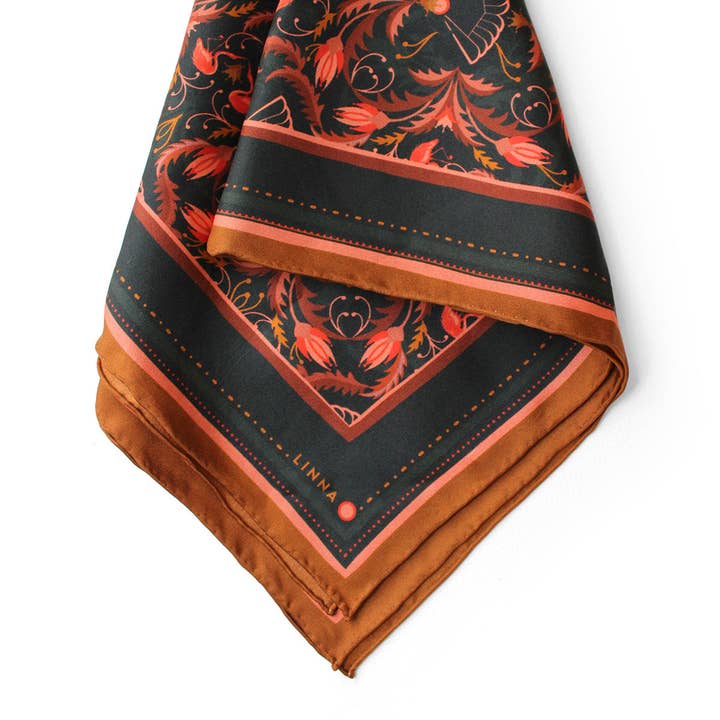 LINNA - Wholesale Scarf - Women's - 100% Silk Twill Scarf | Medium | Bright Mahogany Filigree6