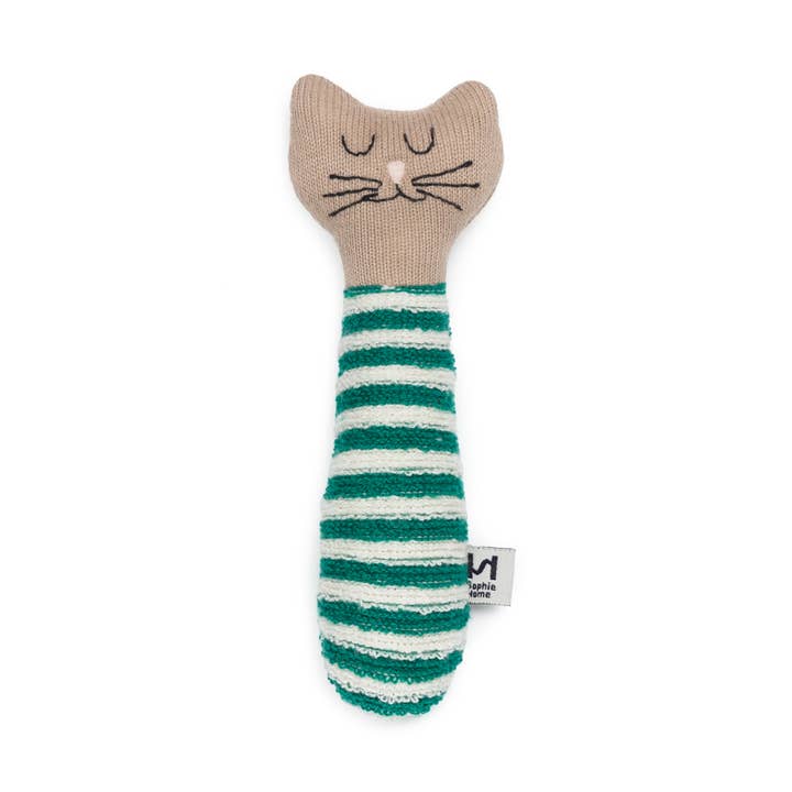 Cotton Knit Baby Rattle Toy: Cat Green for wholesale by Sophie Home Ltd