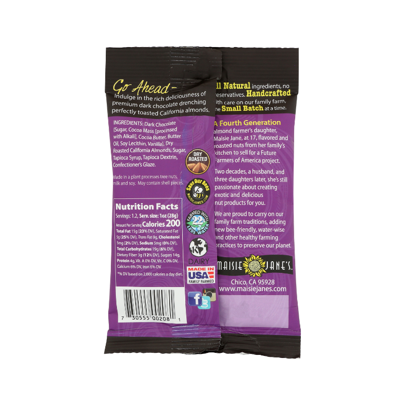 Maisie Jane’s - Wholesale Chocolate Covered Sweets - Dark Chocolate Almonds, Snack Packs, (36ct, 6/6POS) 1.7 oz.1
