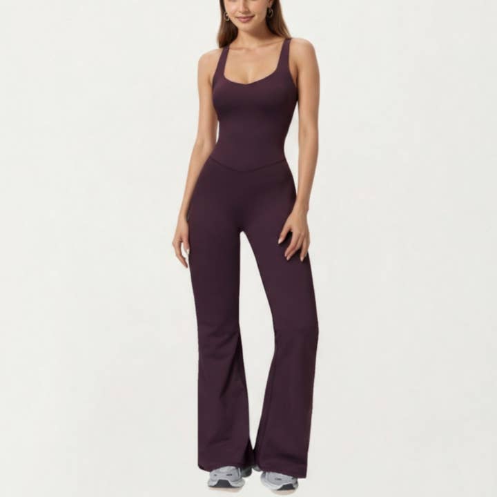 Scoop Neck Flare Leg One-Piece Activewear Jumpsuit with Cont for wholesale by Active by Anna-Kaci