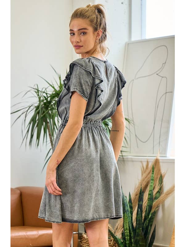 Doe and Rae - Wholesale Dress - Women's - Short Sleeve Ruffle Denim Dress - 26840D