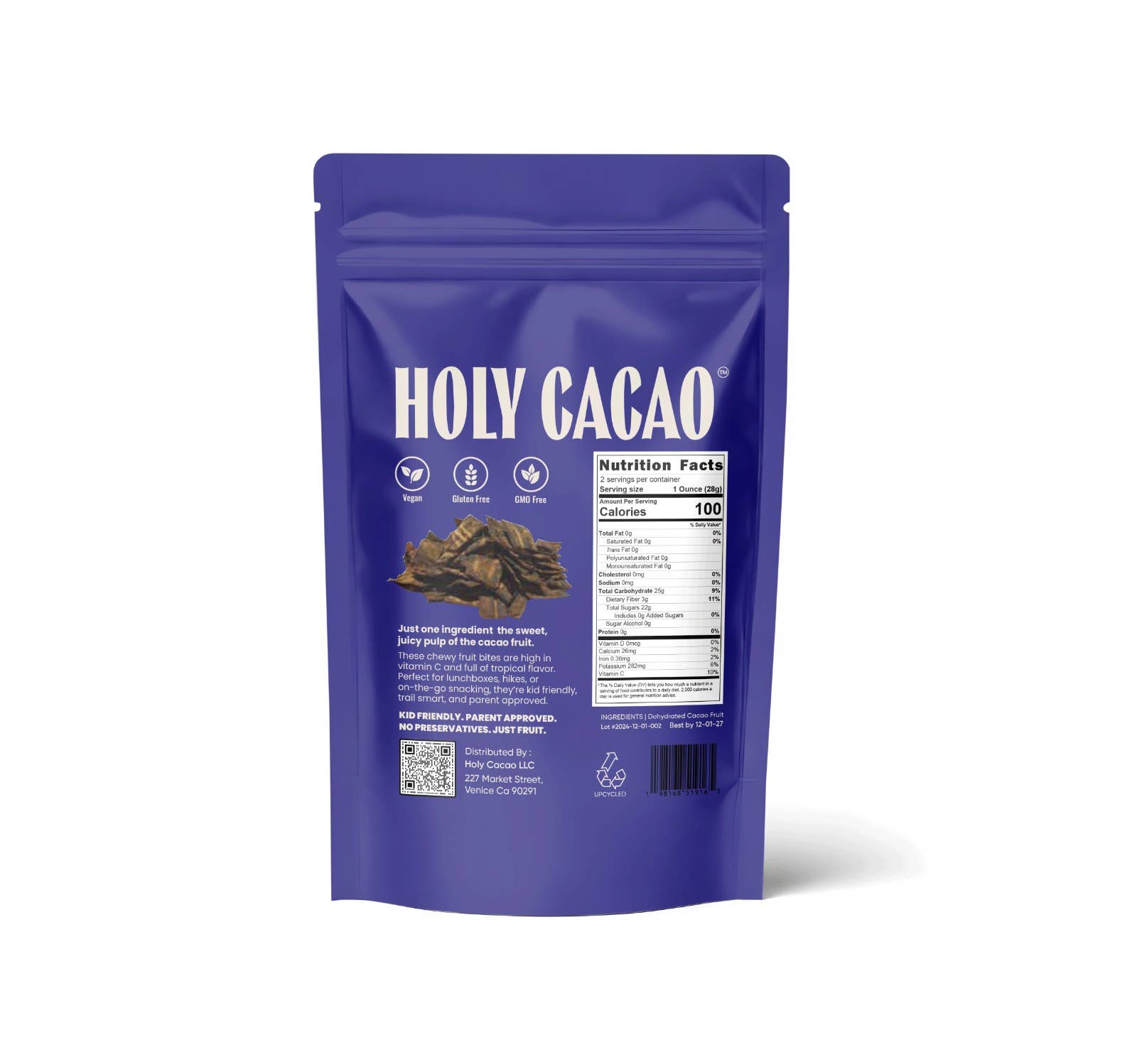 Holy cacao – wholesale Dried/dehydrated fruit – Holy Cacao Natural Dehydrated Cacao Fruit Snack, 2oz1