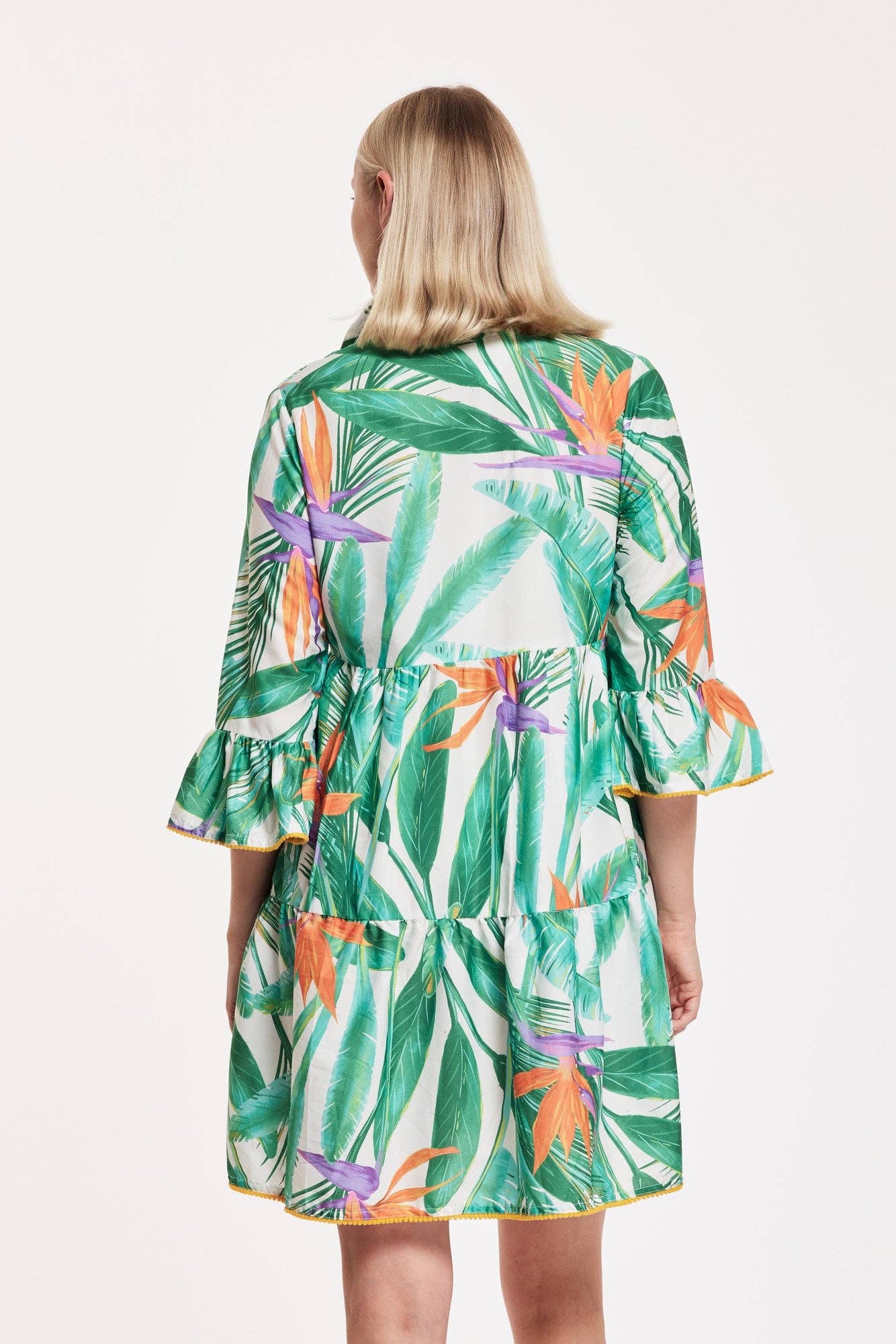 ModaPosa – wholesale Dress – Women's – Cadenza Dress Tropical Leaves Green White Orange Spring1