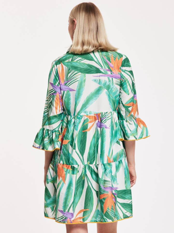 ModaPosa – wholesale Dress – Women's – Cadenza Dress Tropical Leaves Green White Orange Spring1