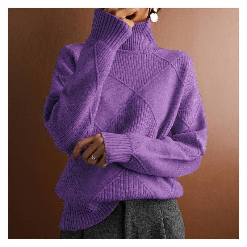 FurDecoration - Wholesale Pullover-trui - Dames - Losse, effen gekleurde diamanttrui met hoge hals4