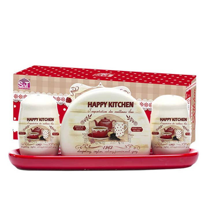 Ceramic Salt and Pepper Shaker Set with Napkin Holder for wholesale by STP