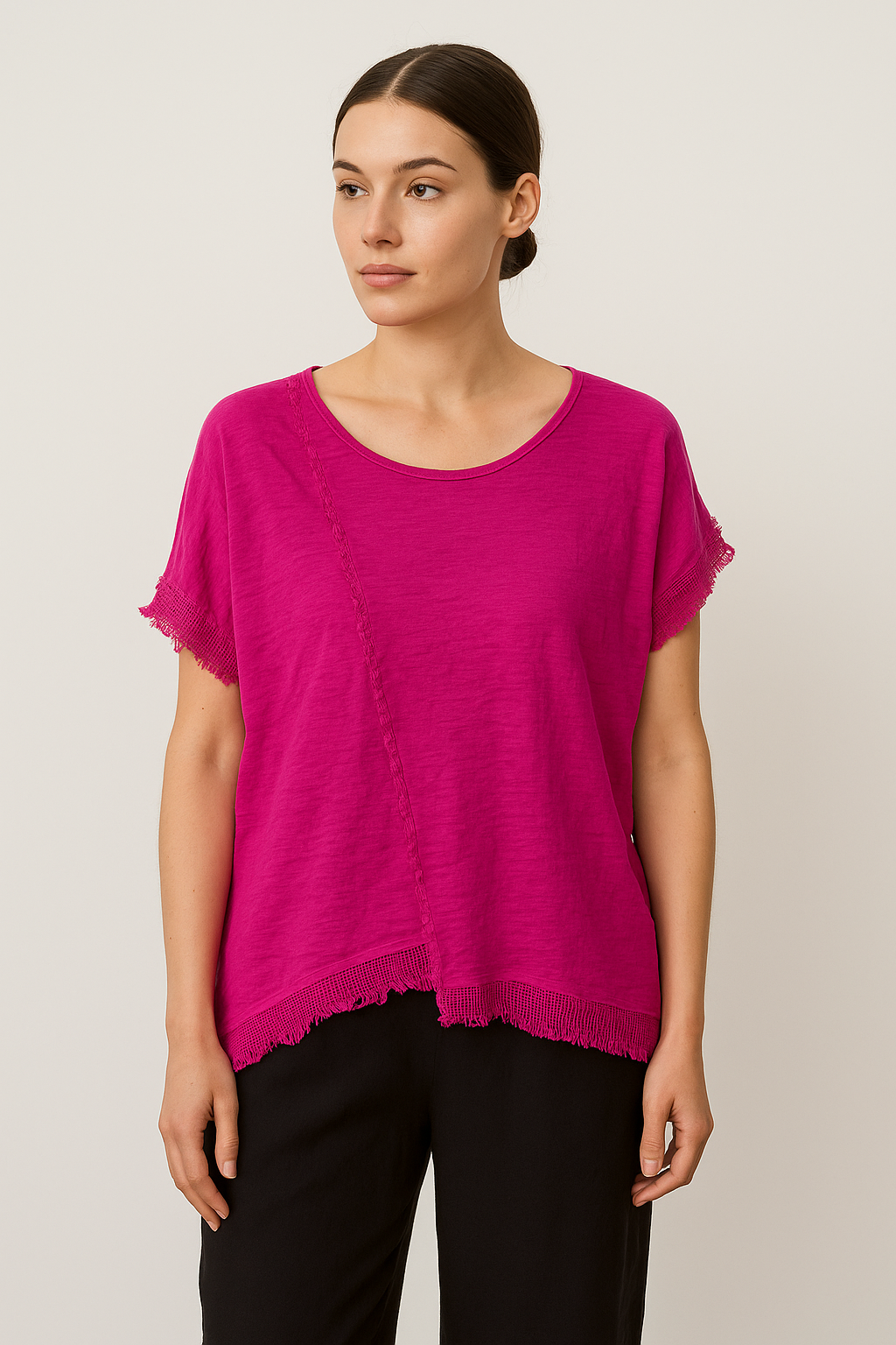 Lucy Sparks - Wholesale T-Shirt - Women's - LINEN FRONT AND COTTON BACK ASYMMETRIC T-SHIRT WITH MESH HEM5