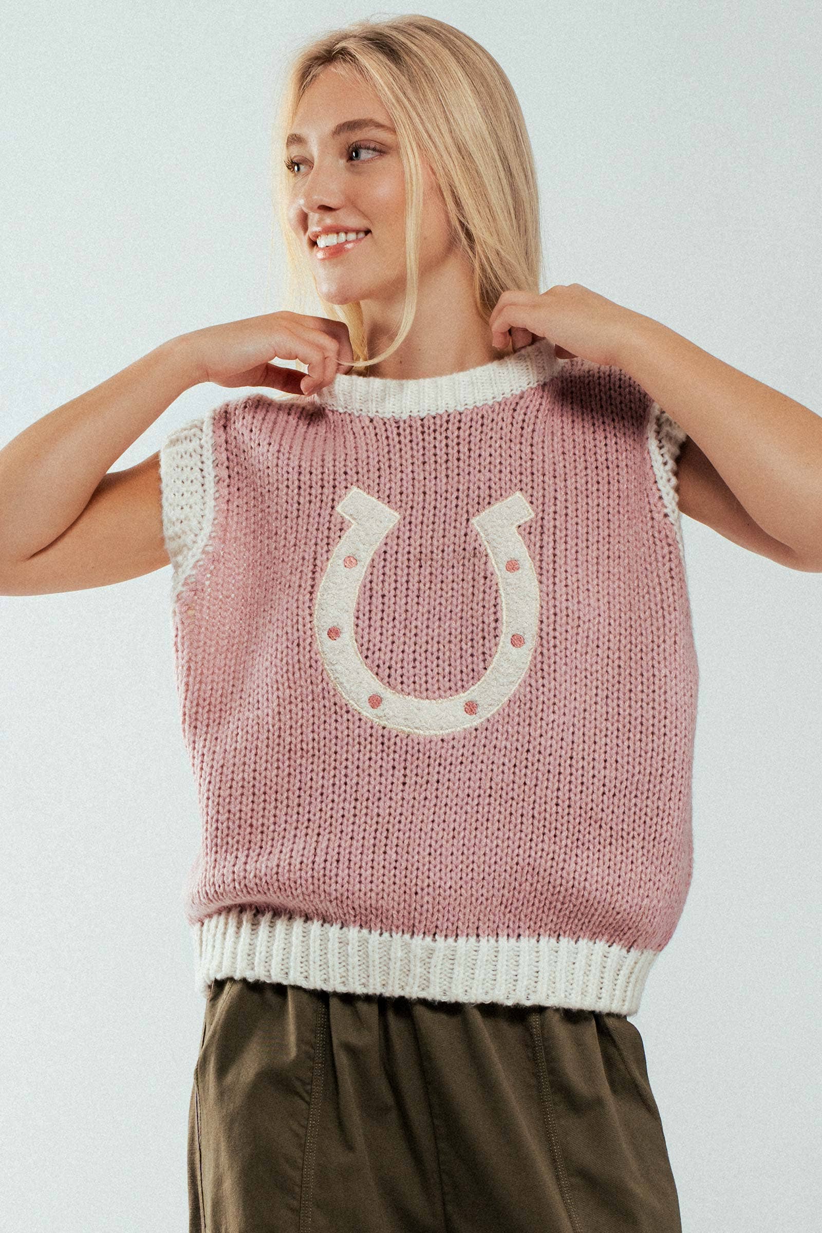 Urban Daizy - Wholesale Sweater Vest - Women's - Western Horseshoe Crochet Knit Ribbed Trim Sweater Vest17