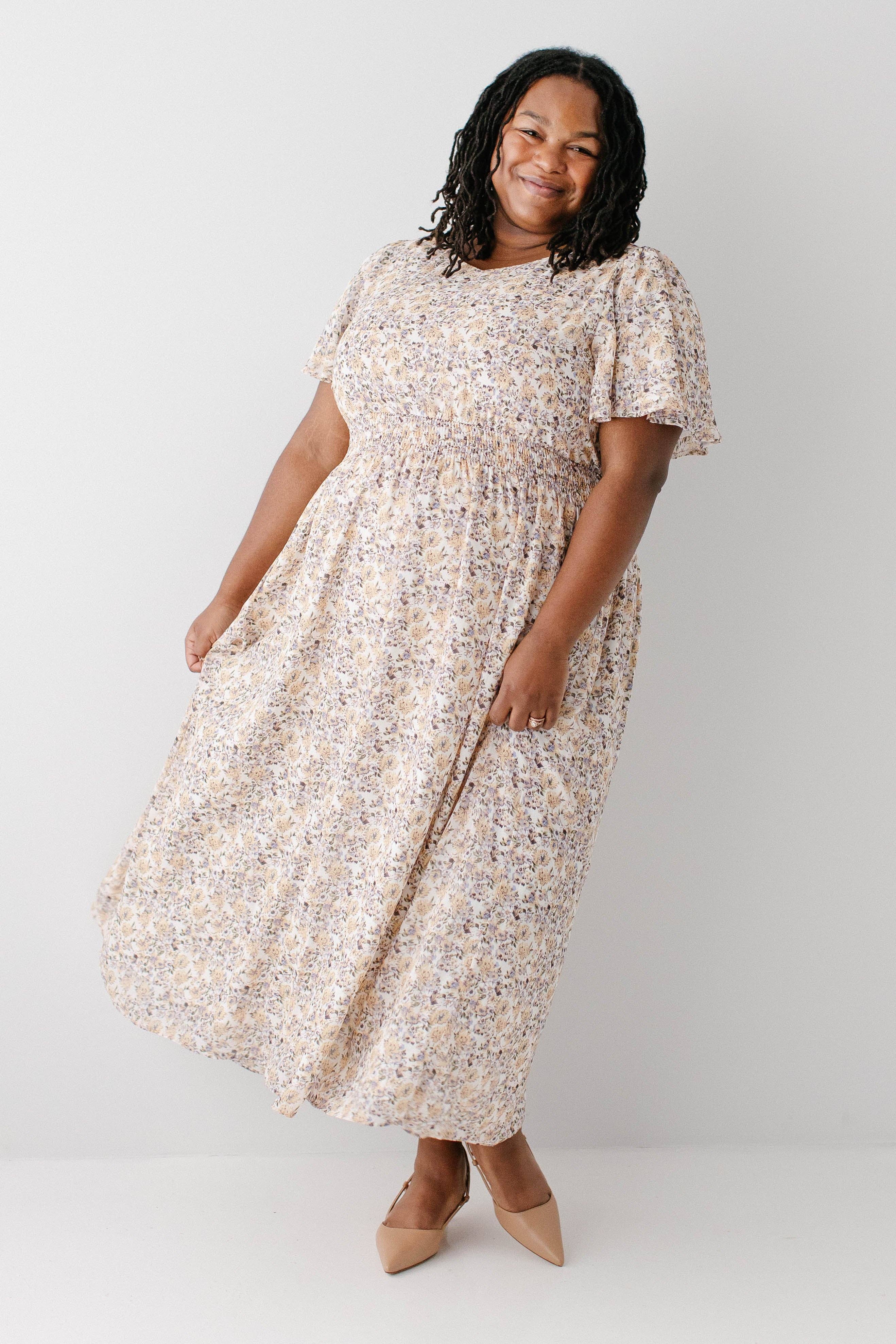 Ivory 'Felicity' Floral Print Smocked Waist Maxi Dress for wholesale on Faire9
