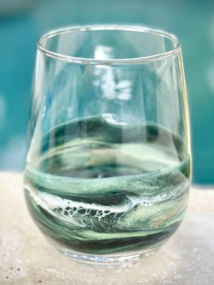 Stemless Wine Glass - Holiday Green Glassware - Gift for Host Wine for wholesale by Artful Nests
