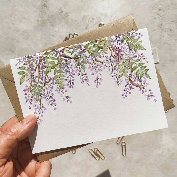 Wisteria Lilac Floral Folded Note Card and Envelope for wholesale by Paper Willow