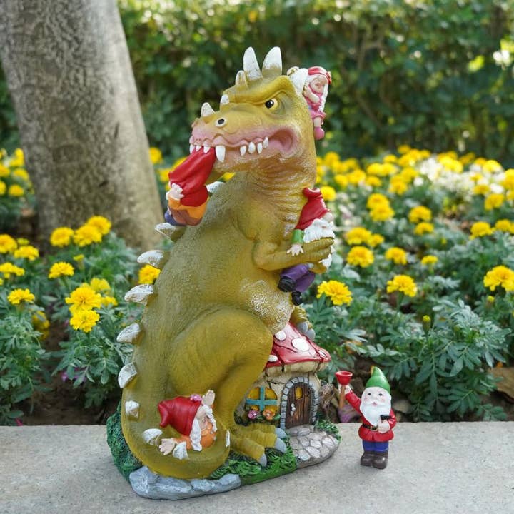 By Mark & Margot - Wholesale Garden Gnome - Dinosaur Swinging Gnomes Statue Purple with Plunger Gnome - BY MARK & MARGOT - FREE SHIPPING!