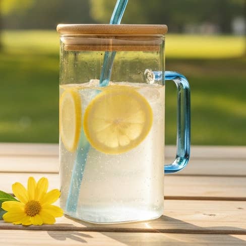 20 oz Square Glass Cup | Bamboo Lid, Glass Straw & Handle | Blue for wholesale by Wholesale By Kendranique