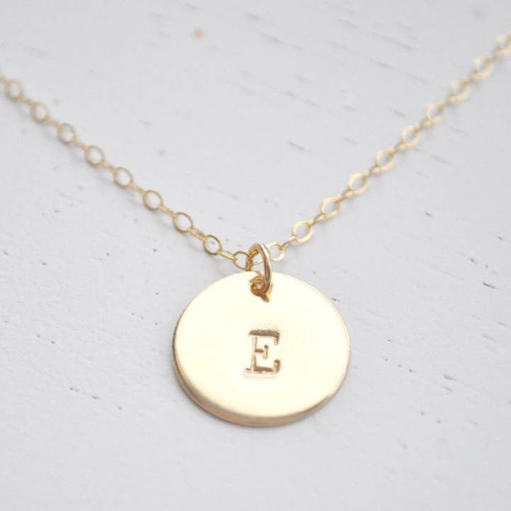 Gold Disc Initial Necklace - upper typewriter font 1/2 inch disc for wholesale by Aden + Claire Jewelry