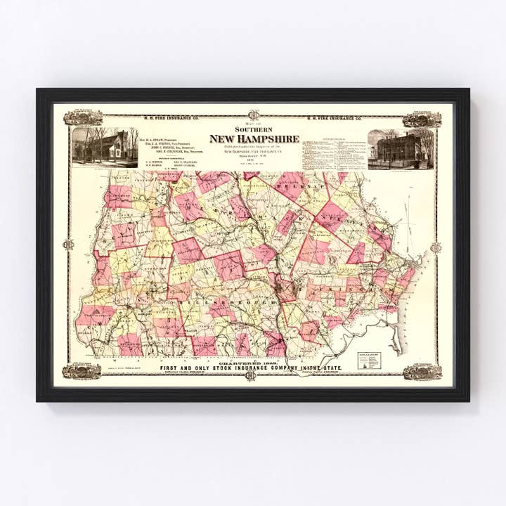 Vintage Map of New Hampshire 1871 for wholesale by Ted's Vintage Art