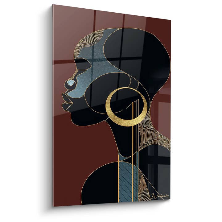 Tableau Portrait Femme Africaine - Art Géométrique Doré - Edition Visage africain pour la vente par Walensky
