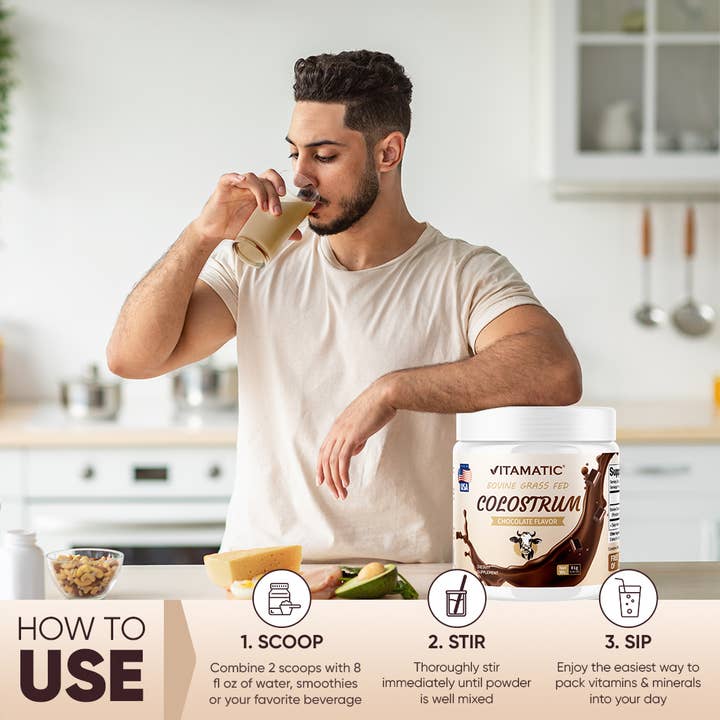 Vitamatic - Vente Supplément oral/vitamine - Vitamatic | Colostrum bovin en poudre 30 portions | Chocolat