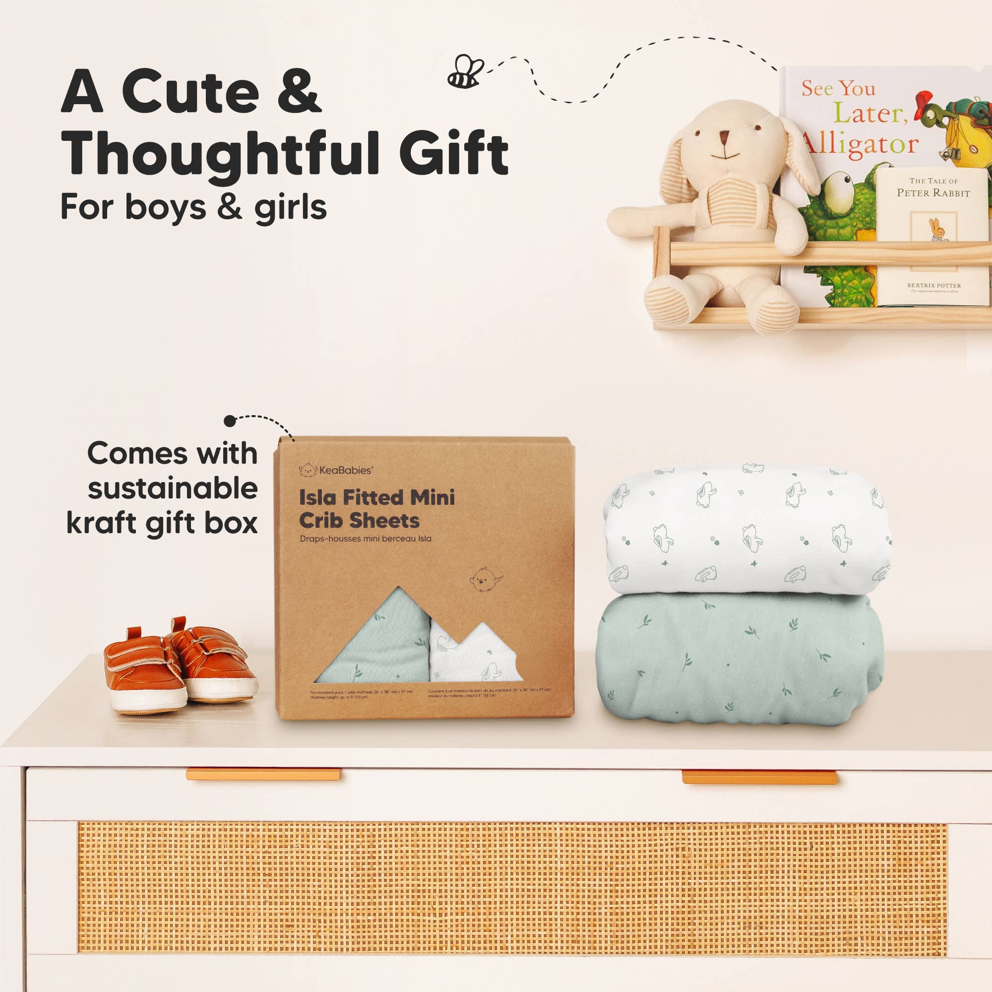 Coniglietti KeaBabies Isla, mini lenzuola per culla con angoli elasticizzati, confezione e lenzuolo da gioco in vendita all'ingrosso su Faire8