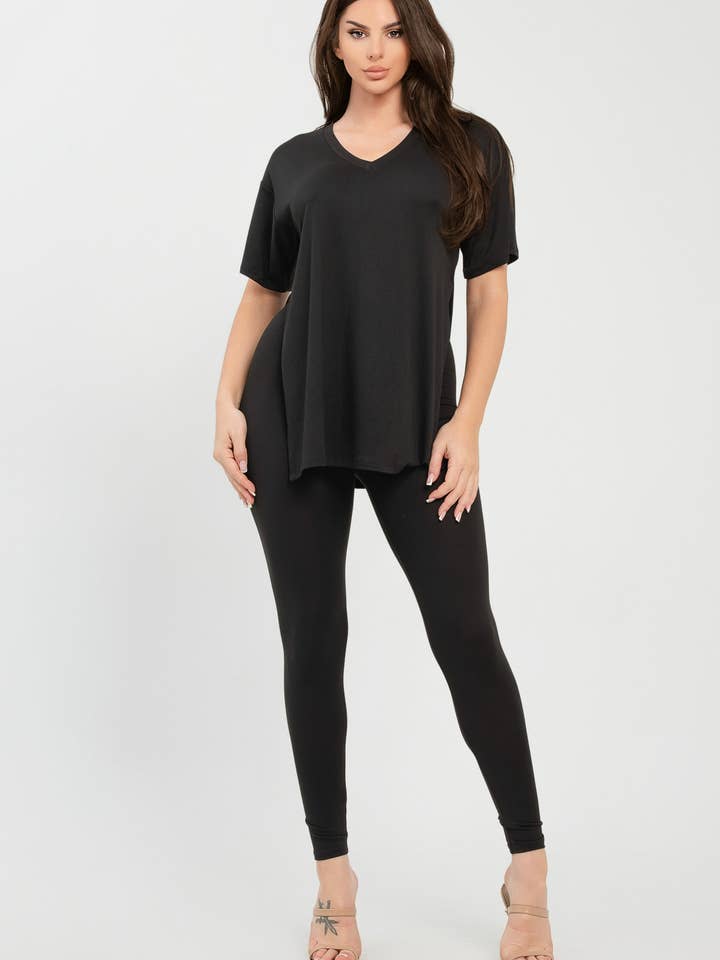 Julia by LoveJ - Wholesale Top & Pant Set (NOT Loungewear) - Women's - V Neck Side Slits Basic Top And Leggings Set4