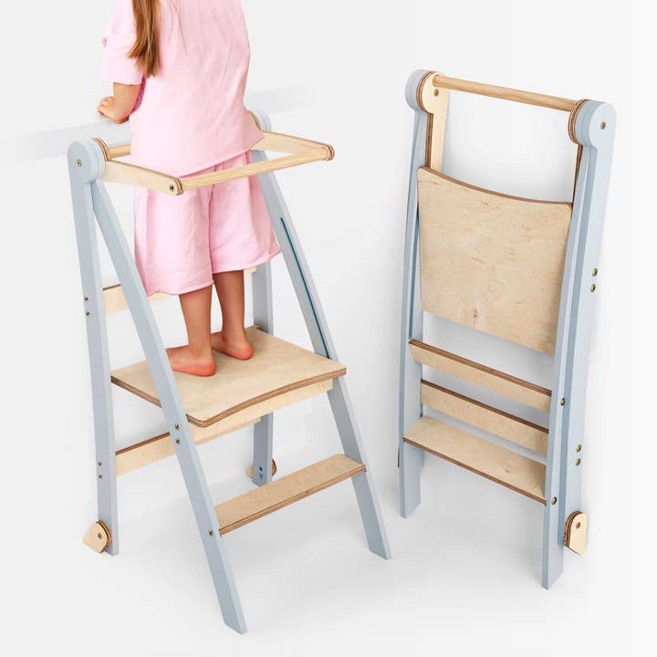 Folding Helping Stool – Montessori Growing Chair with Safety Rails for Toddlers – Grey for wholesale by Goodevas United Kingdom