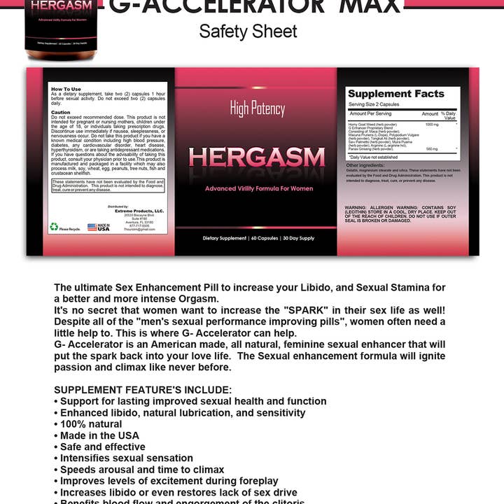 Totally Products - Wholesale Oral Supplement/Vitamin - Hergasm - Advanced Female Libido Virility Enhancement (60 Capsules)