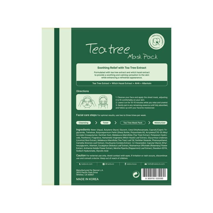 Naisture - Wholesale Skincare Face Mask - Tea Tree Premium Sheet Mask (5pc Box)