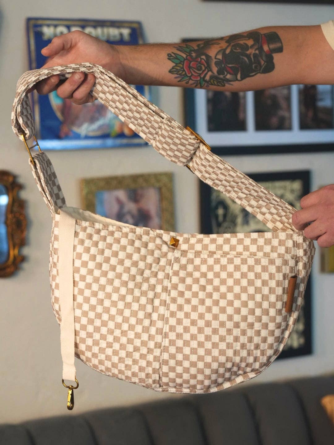 White and Tan Pet Sling Carrier- the "Luna" for wholesale on Faire2