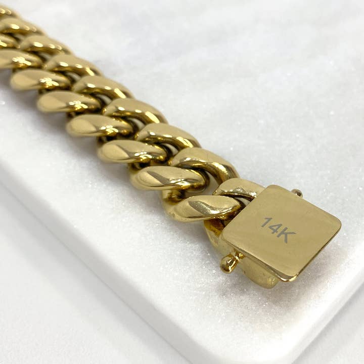 DIJU Jewelry – Engroshandel Armbånd med led og kæde – 14mm Miami Cuban Link armbånd i 14 k guld fyldt med dobbelt sikkerhed lås boks lås, Unisex bremse kæde, engros smykker Supplies