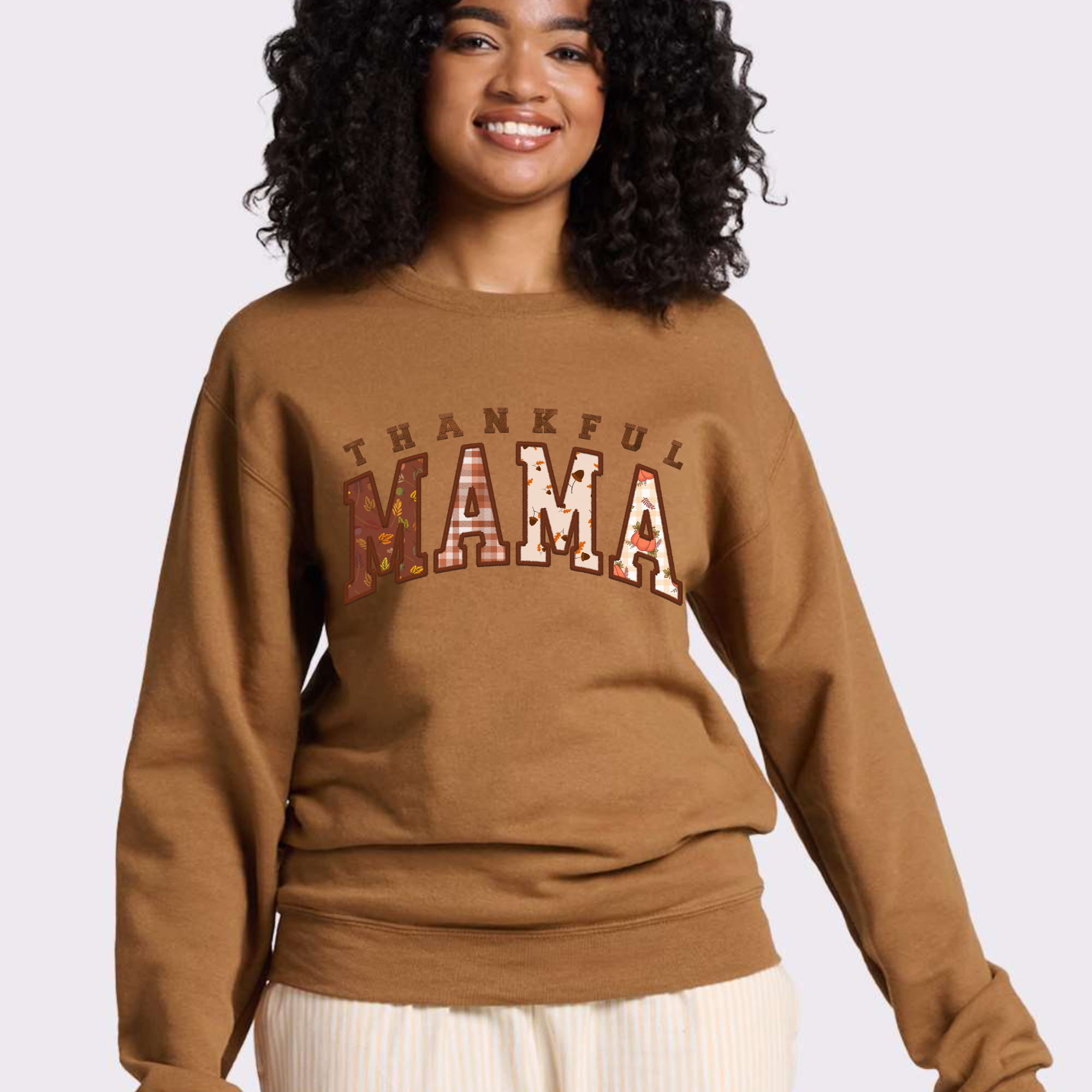 Scripted Pearl - Wholesale Sweatshirt - Women's - Thankful Mama Faux Embroidery Fall Crewneck Sweatshirt5