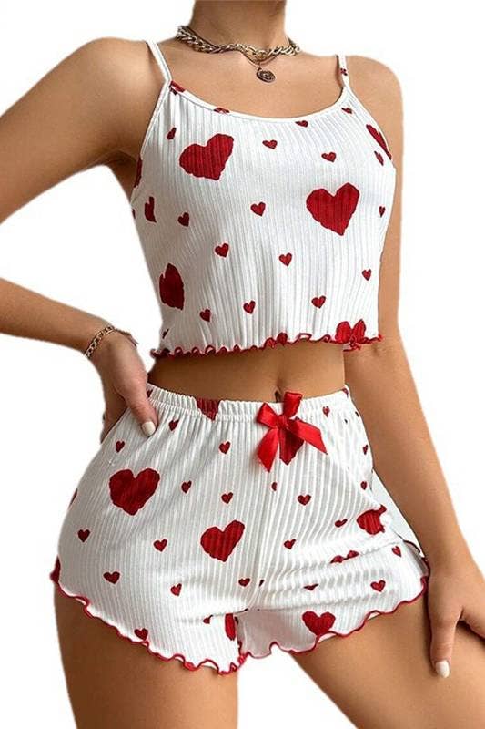 HIDDENBRAND - Wholesale Lounge Set - Women's - Valentines Red Heart Print cami short pajama Lounge Set0