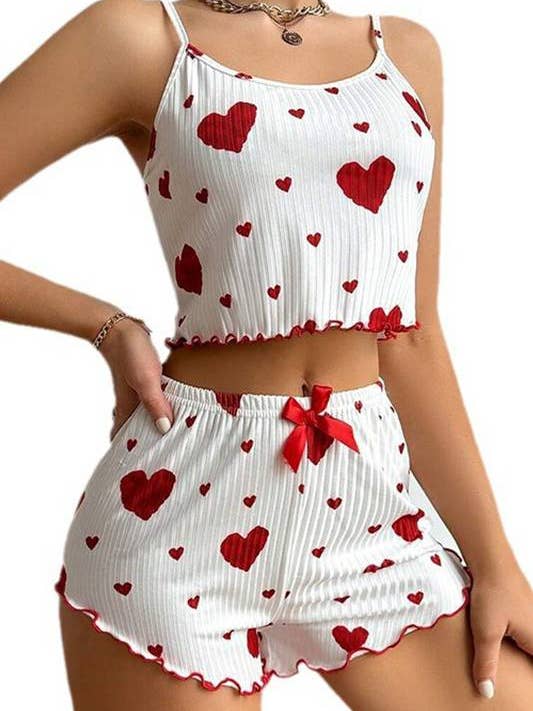HIDDENBRAND - Wholesale Lounge Set - Women's - Valentines Red Heart Print cami short pajama Lounge Set