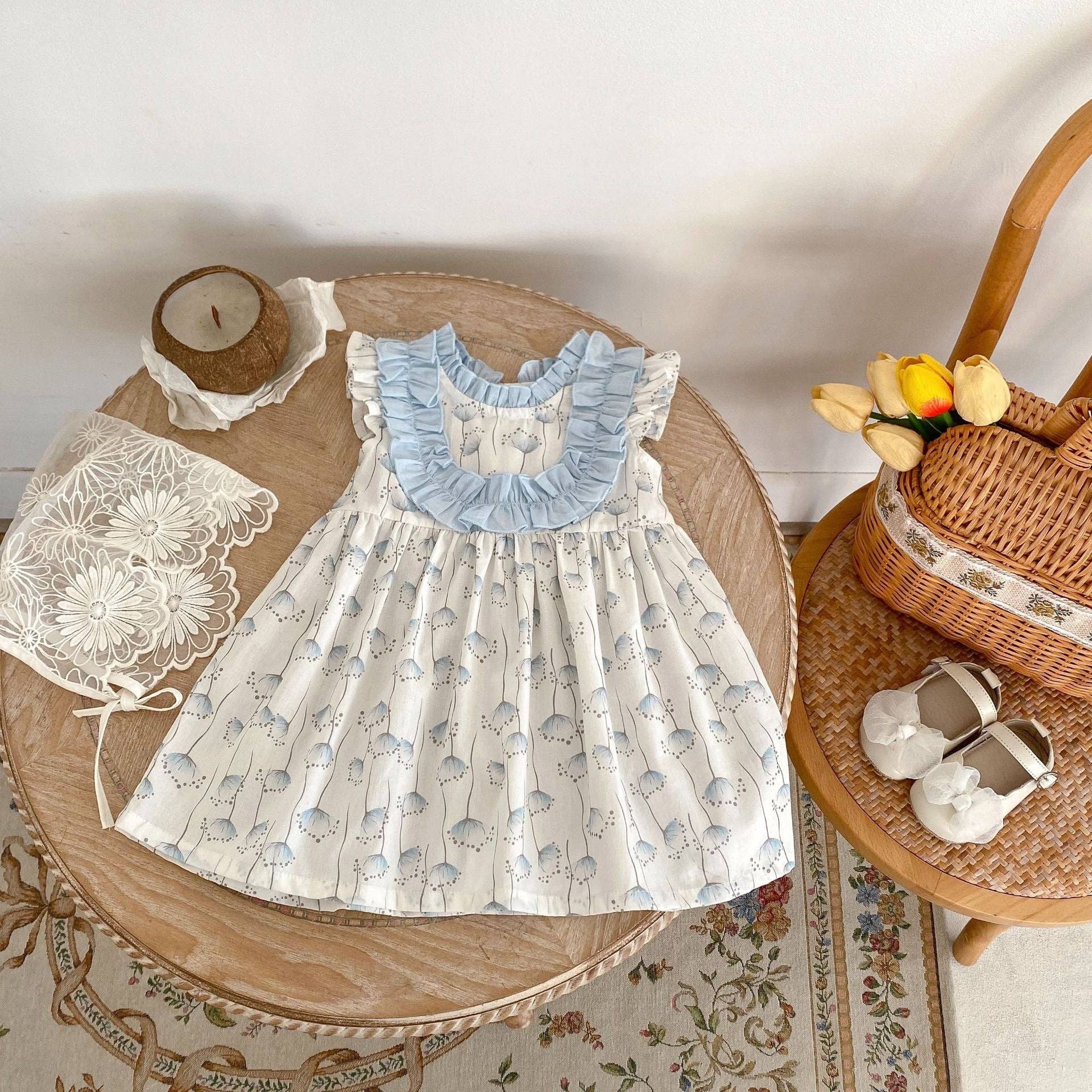 blue 3M-3Y Baby Girls Dandelion Print Ruffle Trim Dresses Wholesale Baby Clothes V3824042400114 for wholesale on Faire0