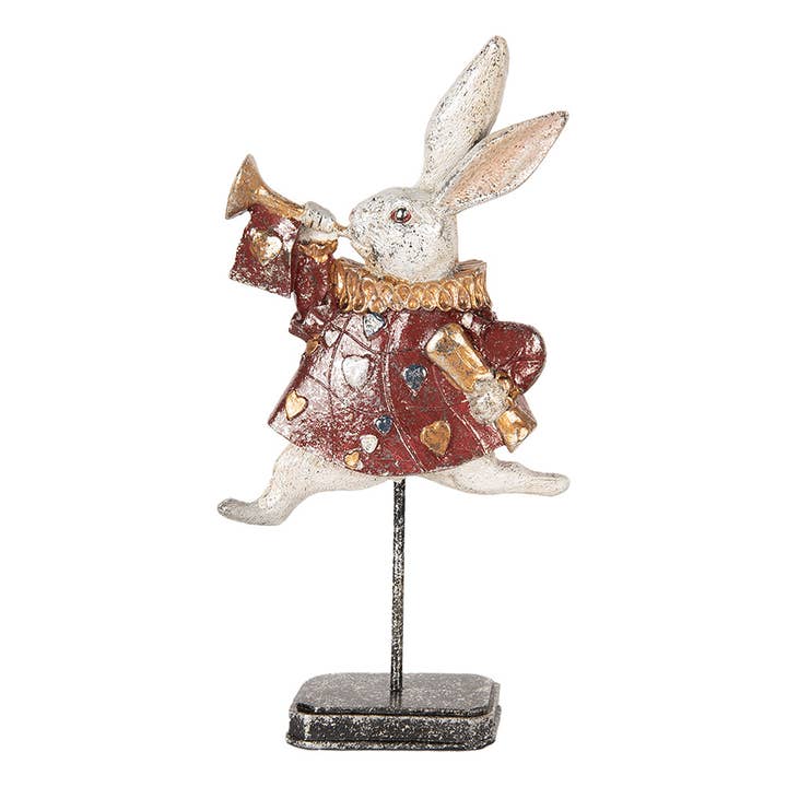 6PR5493 Estatueta Decorativa Coelho 18x7x34 cm Branco Vermelho por atacado de Clayre & Eef