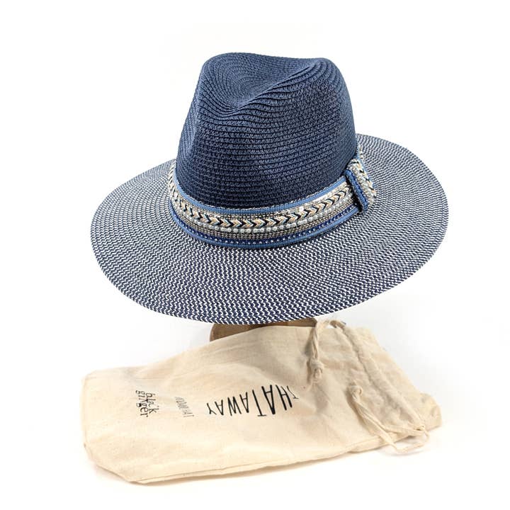 Black Ginger - Wholesale Straw Hat - Women's - Jewelled Band Panama Foldable Hat (57cm) - Navy Blue