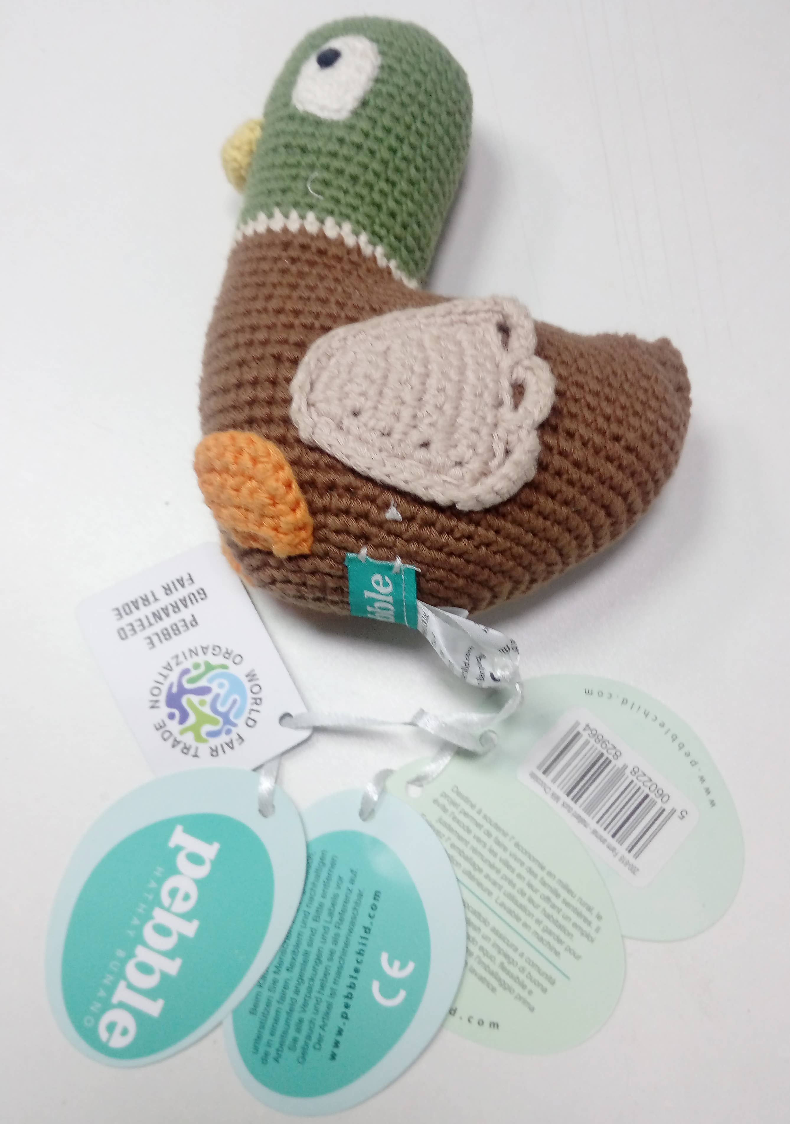 Pebblechild – wholesale Handheld rattle – Baby – Crochet Baby Toy Mallard duck rattle7
