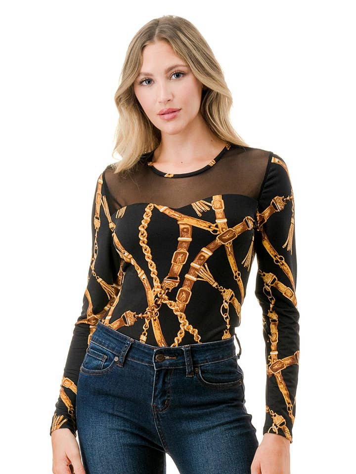 LISA FRONT MESH YOKE TOP (BLACK CHAIN) for wholesale by VAVA by Joy Han