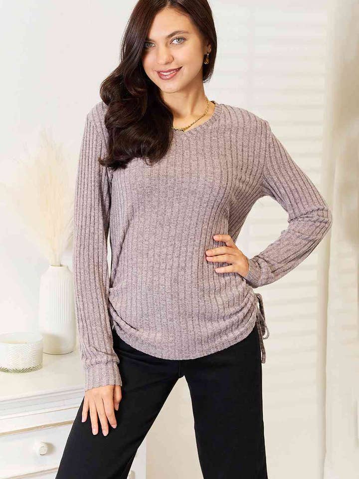 Double Take Drawstring Ribbed Long Sleeve T-Shirt for wholesale by Fashion Quality Boutik