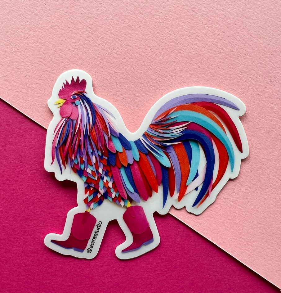 ACira Studio LLC - Wholesale Sticker - El Gallo with Pink Boots Sticker1
