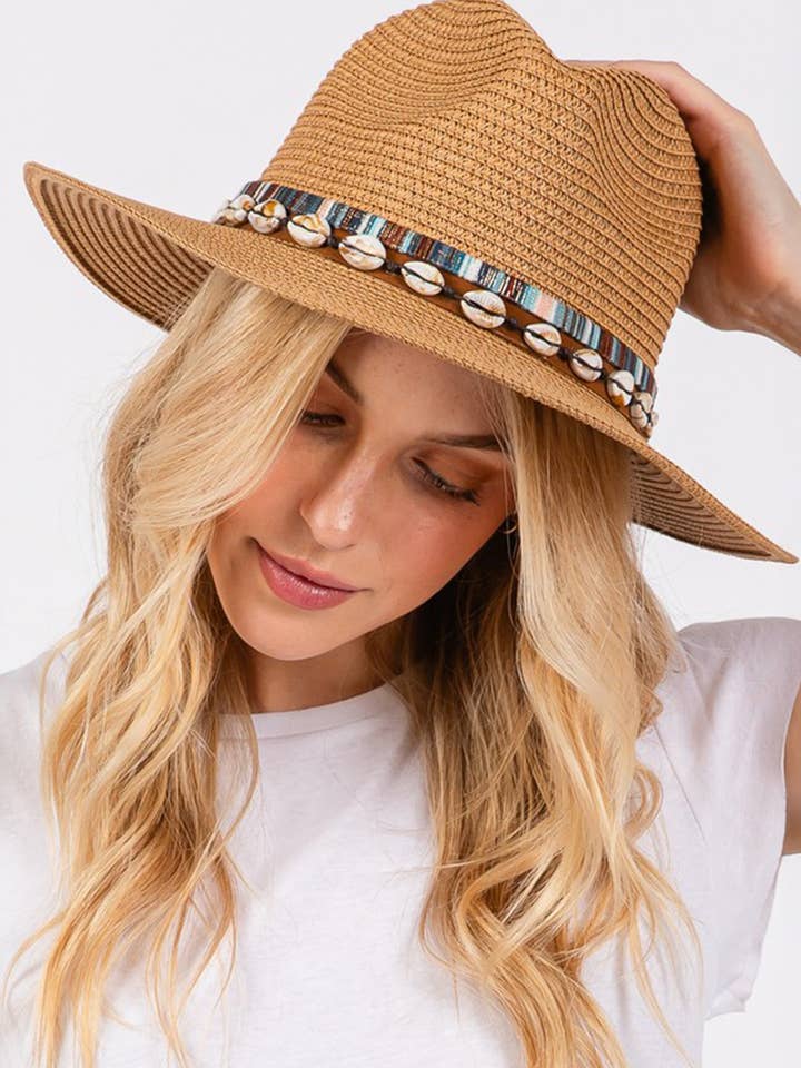 Shell and Multi Color Band Trim Summer Sun Hat for wholesale by Hana