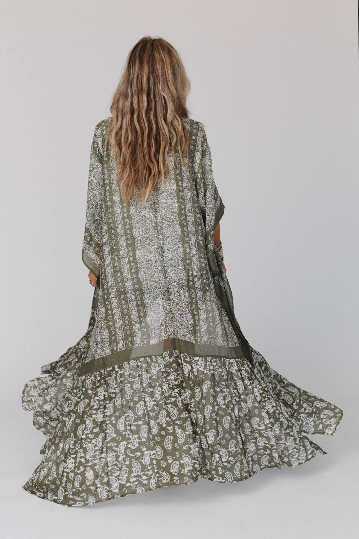 Three Bird Nest - Wholesale Kimono - Women's - Paisley Tapestry Free Flow Duster Kimono - Olive7