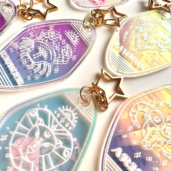 The 12th Moon - Wholesale Keychain - Women's - Iridescent Zodiac Keychains - Retro Motel Style - Astrology