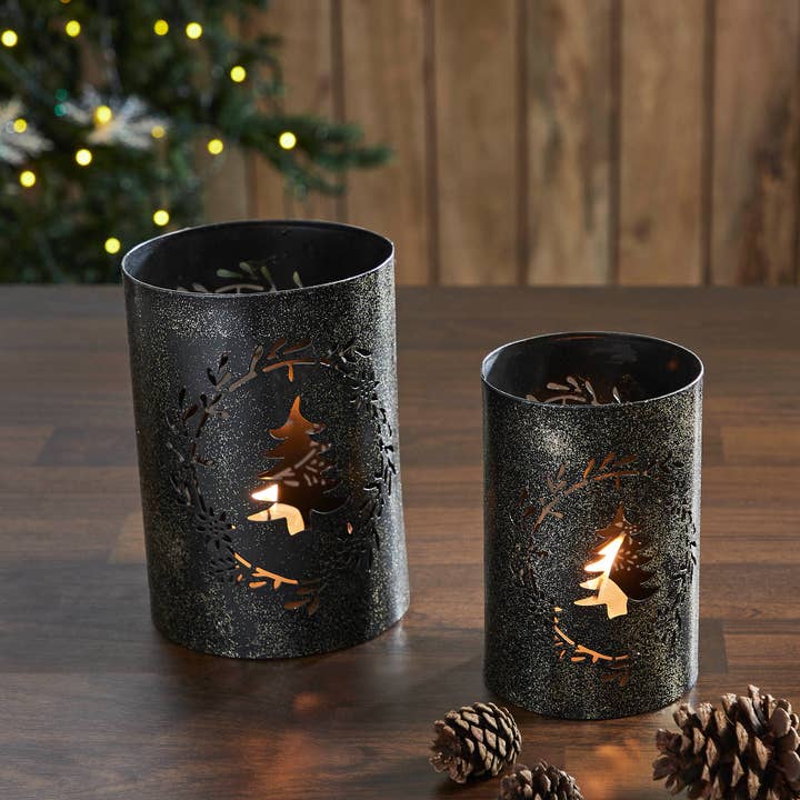 VHC Brands - Wholesale Candle Holder - Gold Dusted Wreath and Tree Metal Candle Holder Set of 2 - 5.9/7 inch