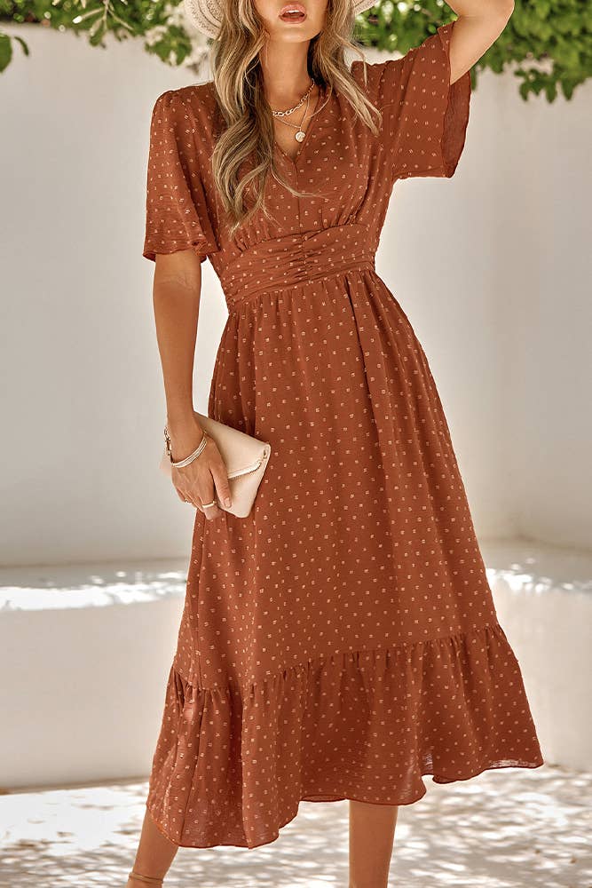 UNISHE - Wholesale Dress - Women's - Swiss Dot V Neck Ruffle Sleeves Dress SN1605