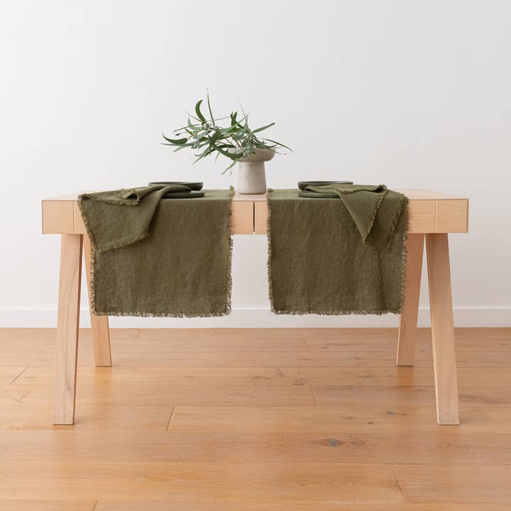LinenMe - Wholesale Table Runner - Linen Table Runner Olive Green Terra Fringe7
