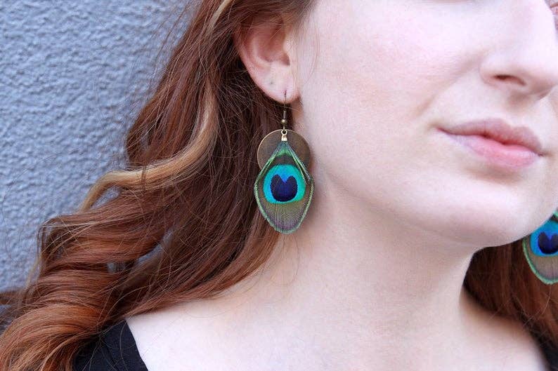 daniAWESOME - Wholesale Dangle Earrings - Brass Coin and Peacock Feather Earrings3