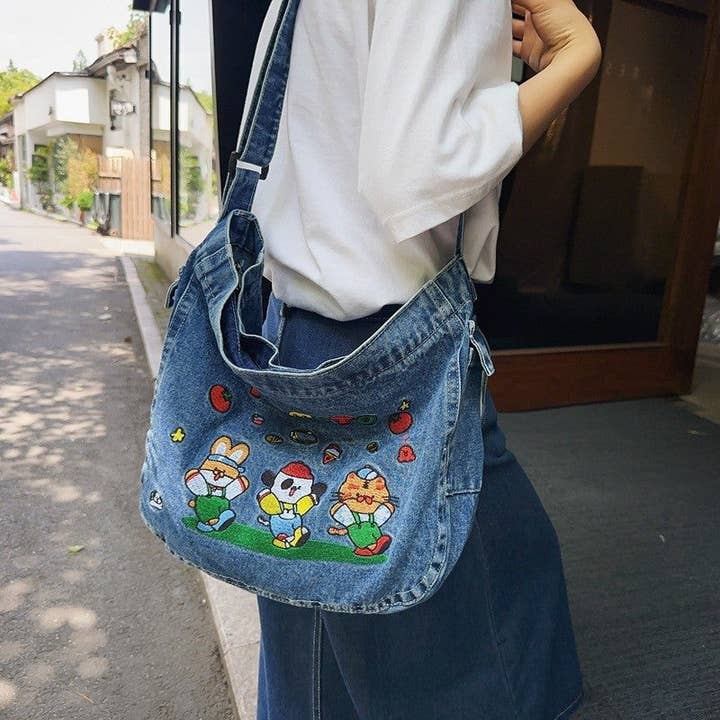 Casual printet denim skuldertaske for engroshandel hos Mirazshoes WholeSale